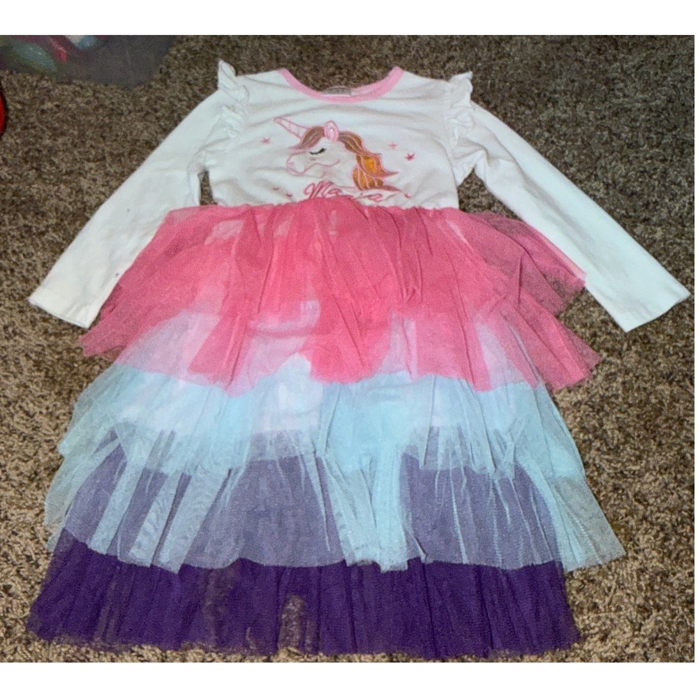 Unknown Brand-Long Sleeve Unicorn Embroidered Design Tulle Tutu Dress 3-4 Yrs